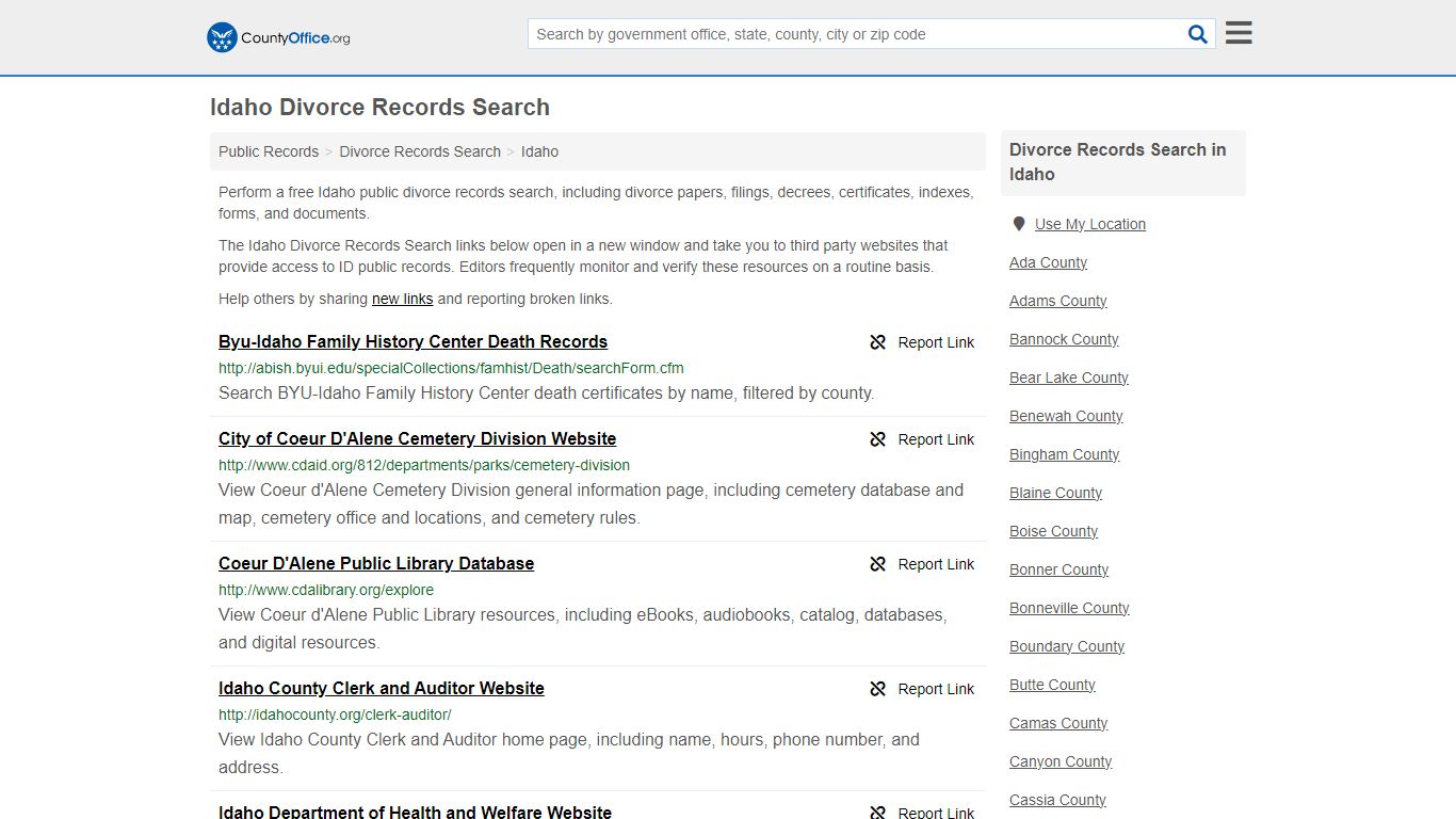 Idaho Divorce Records Search - County Office